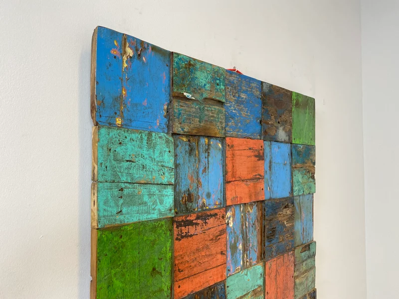 Boatwood by WMK # Großes Patchwork Wandbild 100x100cm, ein handgefertigtes Unikat aus recyceltem Bootsholz