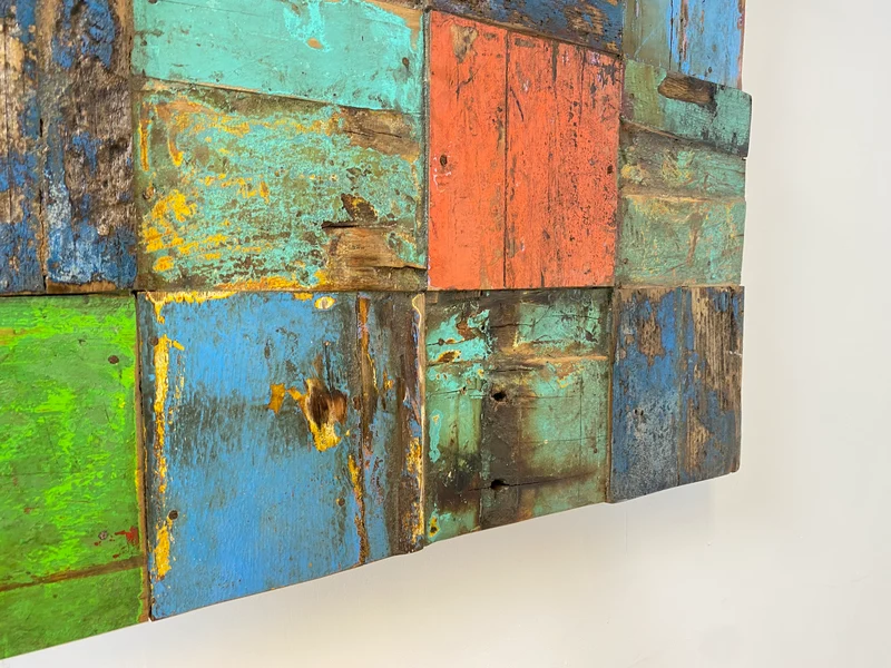 Boatwood by WMK # Großes Patchwork Wandbild 100x100cm, ein handgefertigtes Unikat aus recyceltem Bootsholz