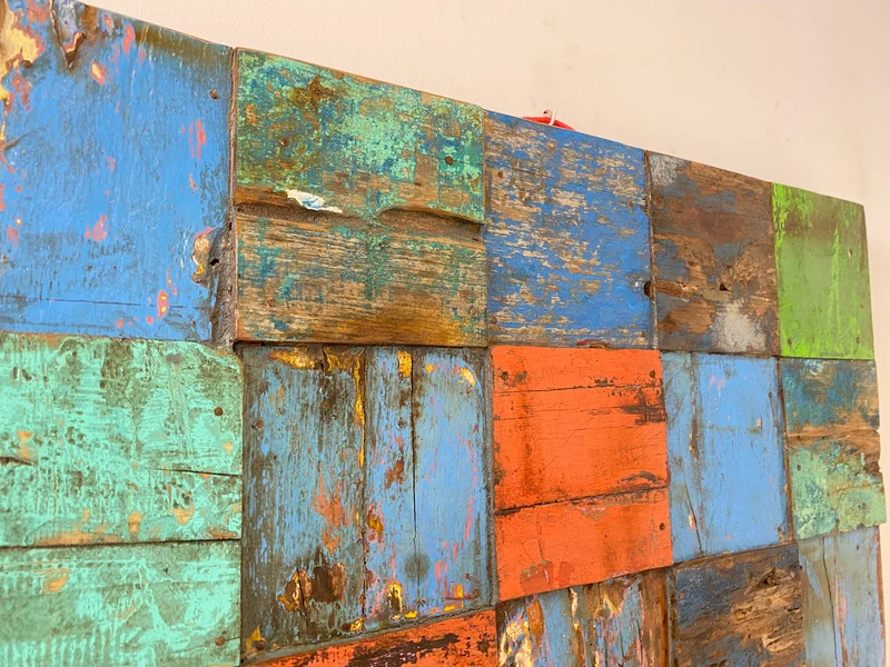 Boatwood by WMK # Großes Patchwork Wandbild 100x100cm, ein handgefertigtes Unikat aus recyceltem Bootsholz