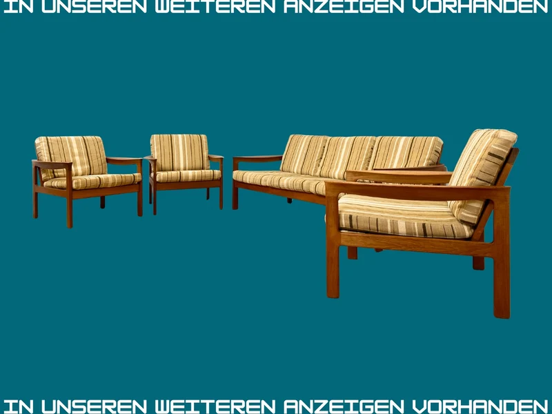 WMK I Stilvolles skandinavisches Mid-Century Sofa von Komfort mit gestreiftem beigem Originalbezug & Teakholz Rahmen