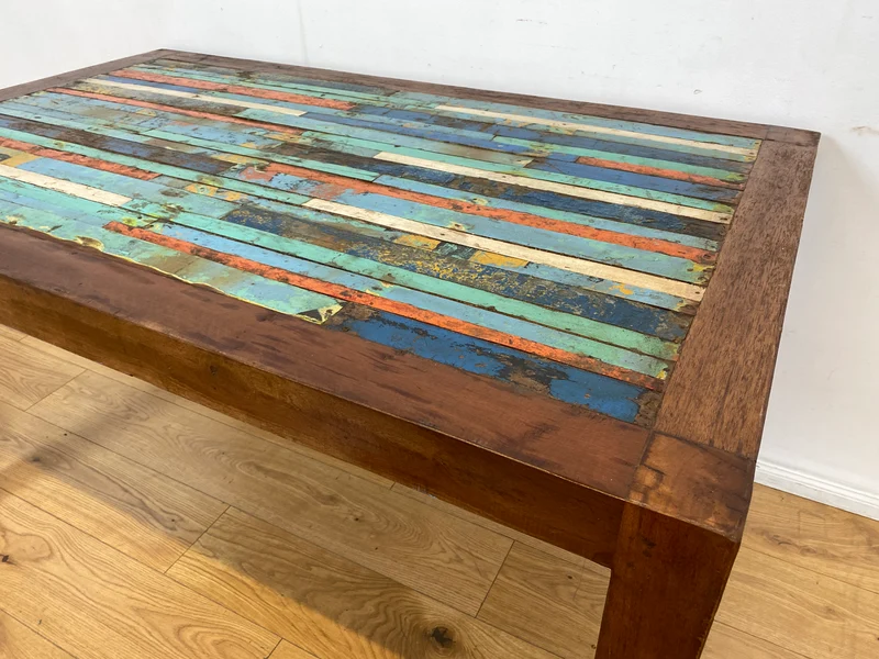 Boatwood by WMK I Nachhaltiger Patchwork Esstisch 150x90 handgefertigt aus altem Bootsholz in Originalfarben