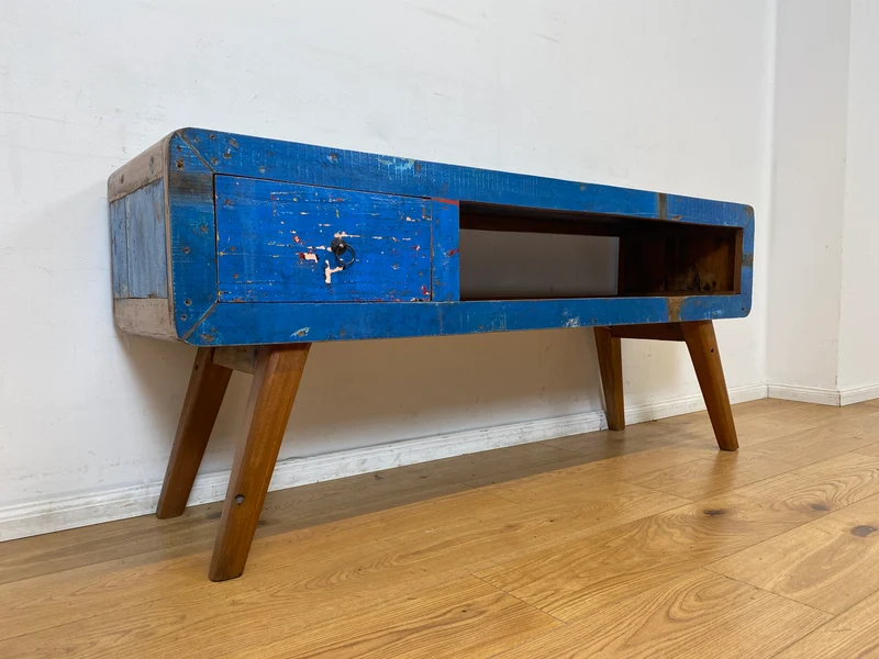Boatwood by WMK I Einzigartiges handgefertigtes TV Lowboard aus altem Bootsholz in Blau mit Schublade und Fach I Teakholz massiv