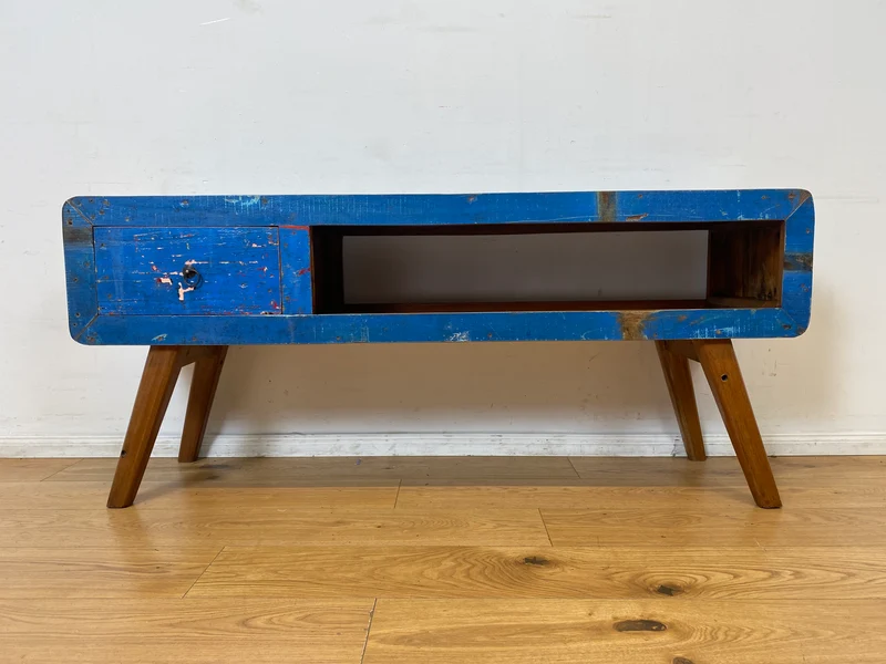 Boatwood by WMK I Einzigartiges handgefertigtes TV Lowboard aus altem Bootsholz in Blau mit Schublade und Fach I Teakholz massiv