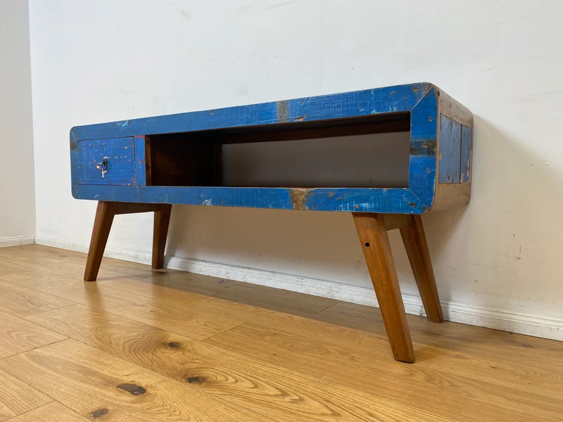 Boatwood by WMK I Einzigartiges handgefertigtes TV Lowboard aus altem Bootsholz in Blau mit Schublade und Fach I Teakholz massiv