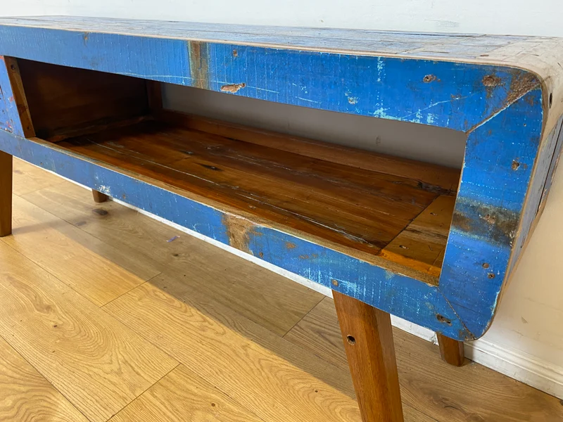 Boatwood by WMK I Einzigartiges handgefertigtes TV Lowboard aus altem Bootsholz in Blau mit Schublade und Fach I Teakholz massiv