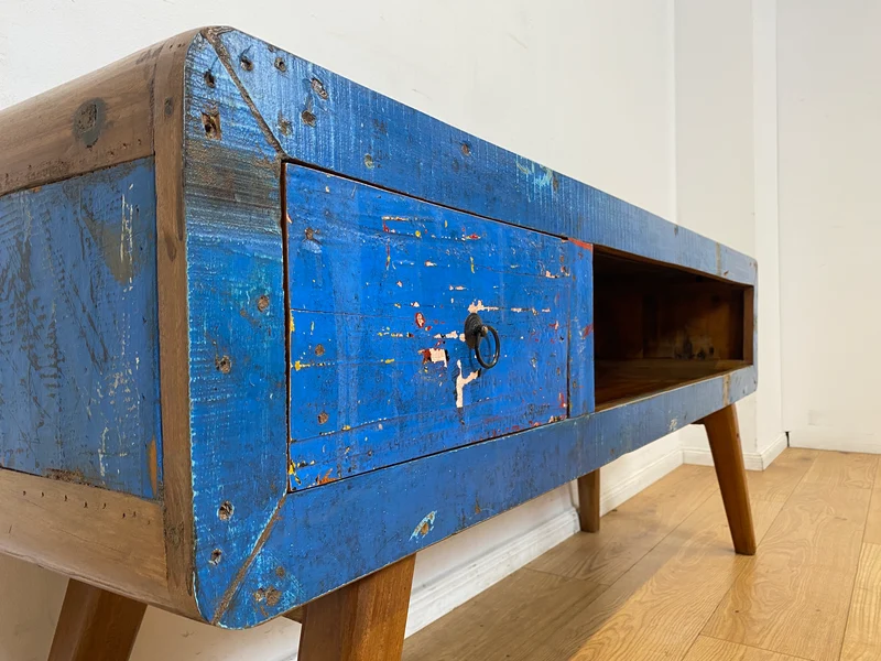 Boatwood by WMK I Einzigartiges handgefertigtes TV Lowboard aus altem Bootsholz in Blau mit Schublade und Fach I Teakholz massiv