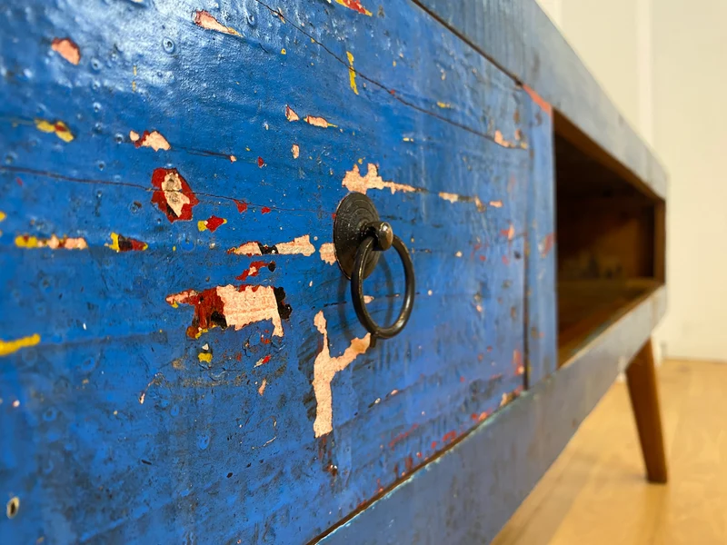 Boatwood by WMK I Einzigartiges handgefertigtes TV Lowboard aus altem Bootsholz in Blau mit Schublade und Fach I Teakholz massiv