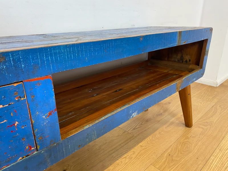 Boatwood by WMK I Einzigartiges handgefertigtes TV Lowboard aus altem Bootsholz in Blau mit Schublade und Fach I Teakholz massiv