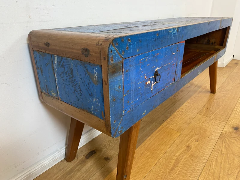 Boatwood by WMK I Einzigartiges handgefertigtes TV Lowboard aus altem Bootsholz in Blau mit Schublade und Fach I Teakholz massiv