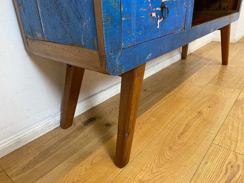 Boatwood by WMK I Einzigartiges handgefertigtes TV Lowboard aus altem Bootsholz in Blau mit Schublade und Fach I Teakholz massiv