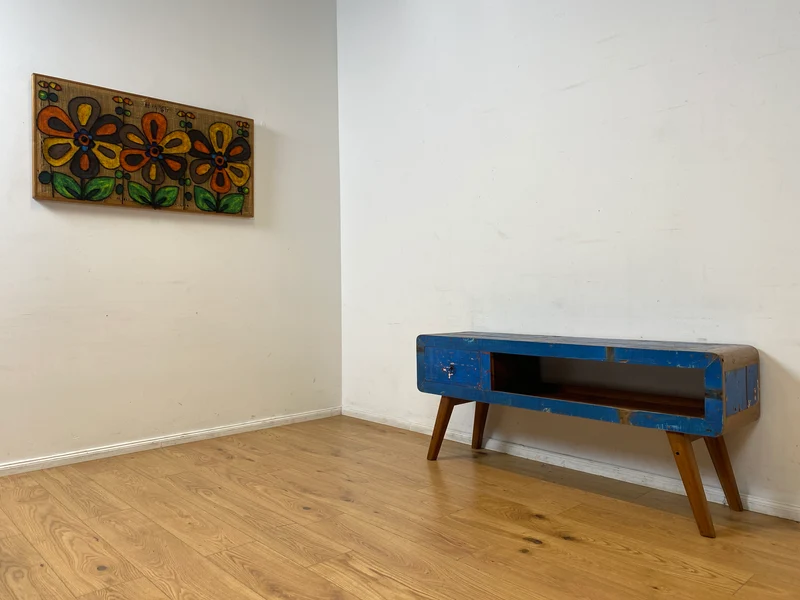 Boatwood by WMK I Einzigartiges handgefertigtes TV Lowboard aus altem Bootsholz in Blau mit Schublade und Fach I Teakholz massiv
