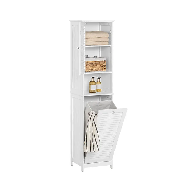 SoBuy | Hochschrank | mit ausklappbarem Wäschesack | schmal Wäscheschrank | Badregal | Weiß | BZR124-W