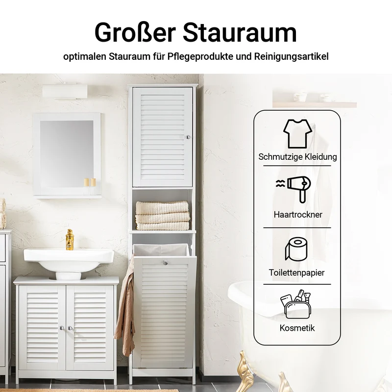 SoBuy | Hochschrank | mit ausklappbarem Wäschesack | schmal Wäscheschrank | Badregal | Weiß | BZR124-W