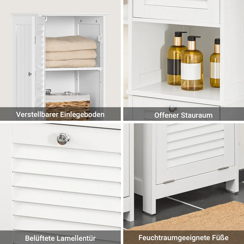 SoBuy | Hochschrank | mit ausklappbarem Wäschesack | schmal Wäscheschrank | Badregal | Weiß | BZR124-W