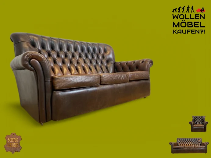 WMK I Charaktervoller orig. Englischer Chesterfield Wing Chair mit handgeknöpftem gestepptem Echt Leder Bezug und perfekter Patina