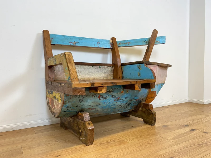 Boatwood by WMK # Einzigartige Sitzbank aus altem Boot , ein handgefertigtes Unikat in Originalfarbe mit Staufächern