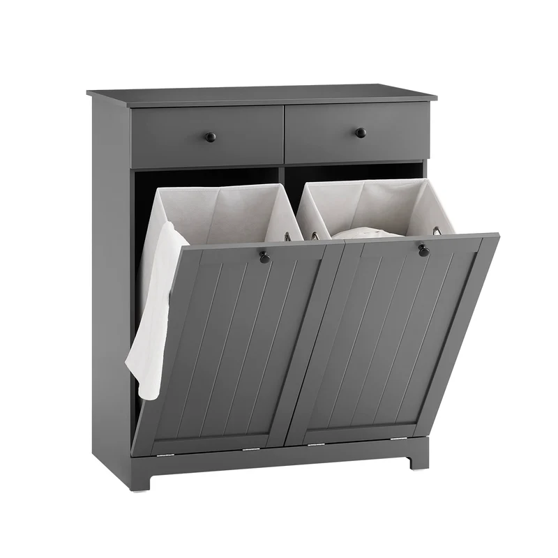 SoBuy | Badezimmerschrank mit 2 Wäschesäcken | Wäschesammler | Wäschekorb Dunkelgrau | 78x90x38cm | BZR33-II-DG