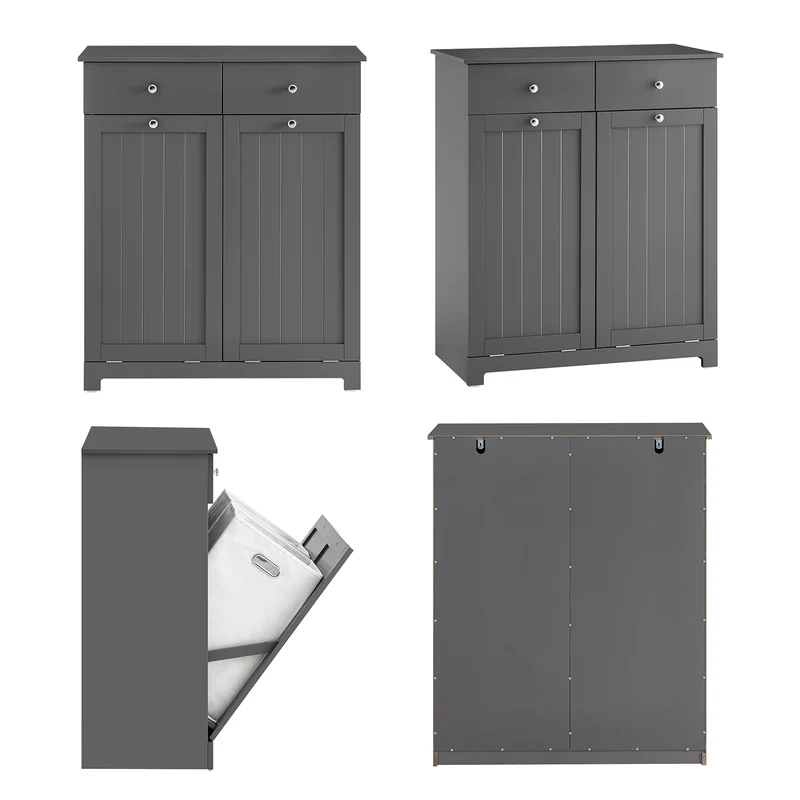 SoBuy | Badezimmerschrank mit 2 Wäschesäcken | Wäschesammler | Wäschekorb Dunkelgrau | 78x90x38cm | BZR33-II-DG