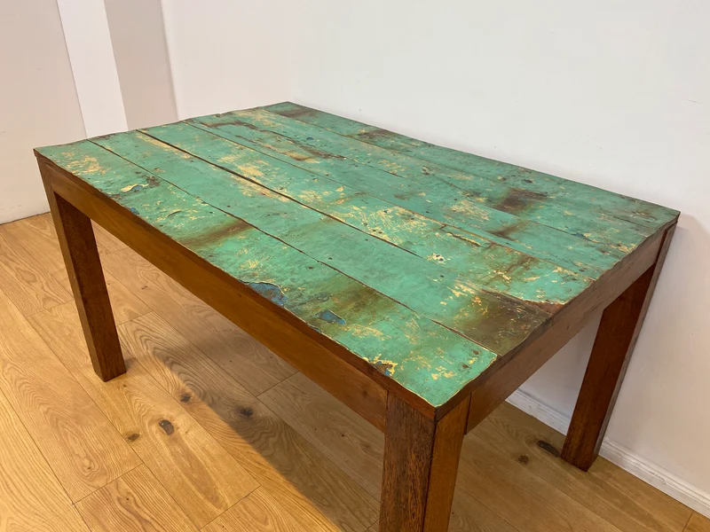 Boatwood by WMK I Einzigartiger 140x90cm großer grüner Esstisch aus altem Bootsholz