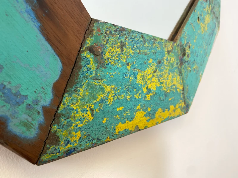 Boatwood by WMK # Großer achtkantiger Wandspiegel in Meeresblau, ein aus altem Bootsholz handgefertigtes Unikat aus Teakholz