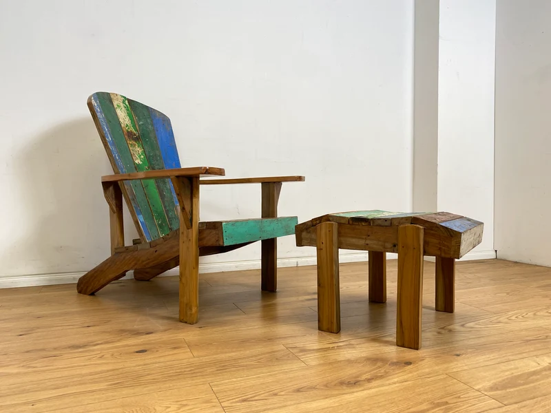Boatwood by WMK # Bunterschöner und robuster Hocker aus altem Bootsholz, ein handgefertigtes Unikat aus massivem Teakholz
