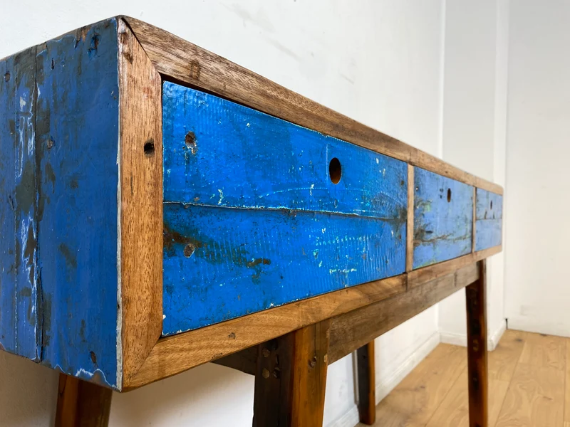 Boatwood by WMK I Einzigartige blaue Konsole handgefertigt aus altem Bootsholz in Originalfarbe mit Schubladen