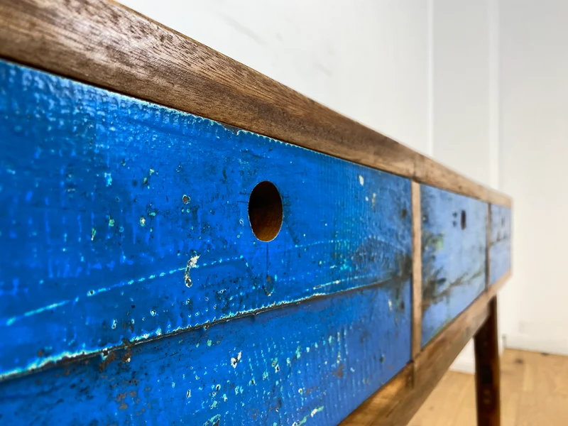 Boatwood by WMK I Einzigartige blaue Konsole handgefertigt aus altem Bootsholz in Originalfarbe mit Schubladen