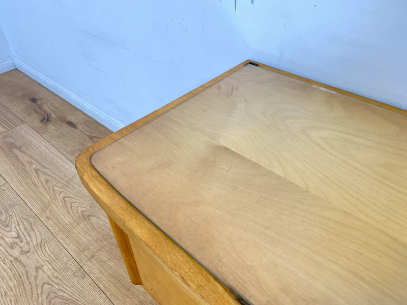 WMK I Formschöner heller Mid-Century Nachtisch mit Schublade, Klappe & Glasauflage
