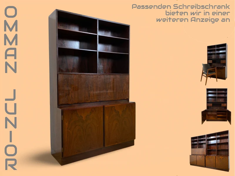 WMK I Stilvoller skandinavischer Mid-Century Designer Bücherschrank by Omann Junior in Palisander m. verstell. Regalböden