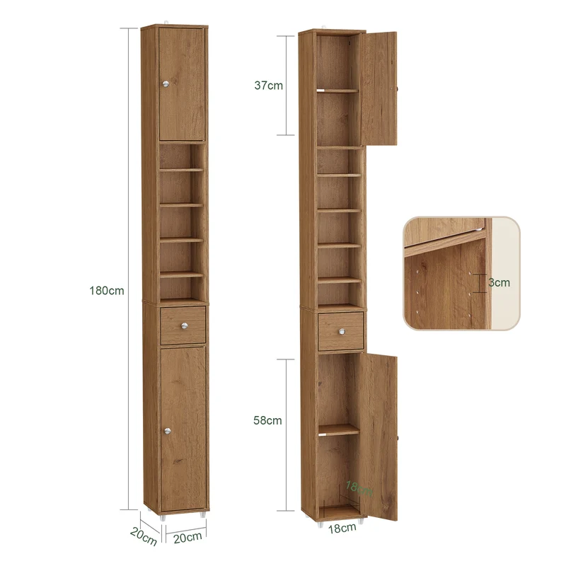 SoBuy | Badzimmerschrank Schmal | mit Verstellbare Ablagen | Vintage 20x180x20cm BZR34-II-PF