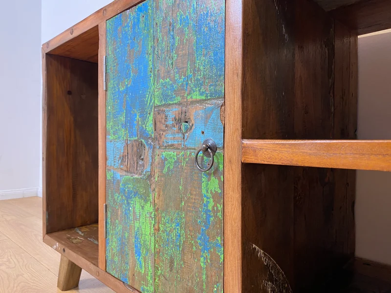 Boatwood by WMK I Sehr schöne offene Kommode handgefertigt aus altem Bootsholz in grüner Originalfarbe