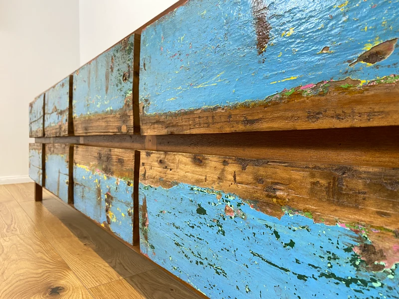Boatwood by WMK # Meeresblaues Sideboard mit Schubladen, ein aus altem Bootsholz handgefertigtes Unikat aus massivem Teakholz