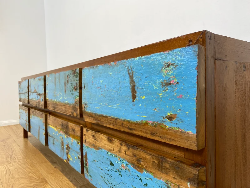 Boatwood by WMK # Meeresblaues Sideboard mit Schubladen, ein aus altem Bootsholz handgefertigtes Unikat aus massivem Teakholz