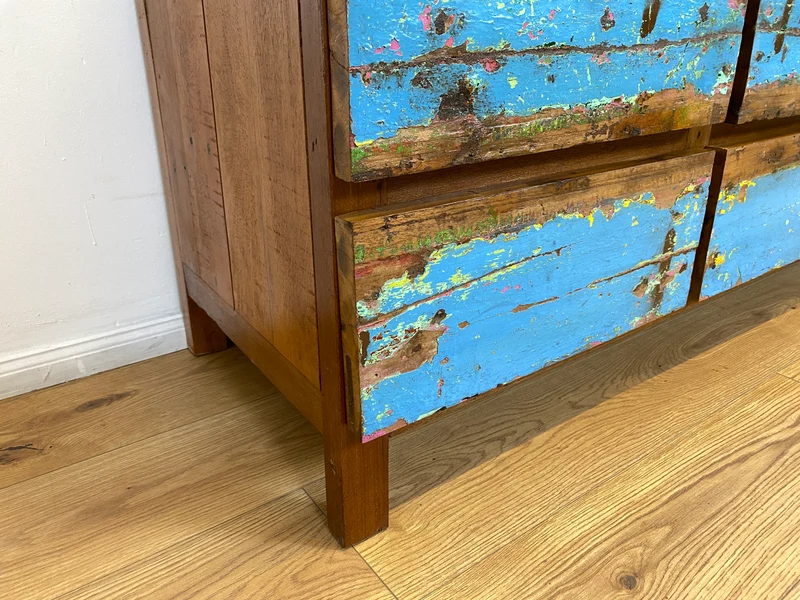 Boatwood by WMK # Meeresblaues Sideboard mit Schubladen, ein aus altem Bootsholz handgefertigtes Unikat aus massivem Teakholz