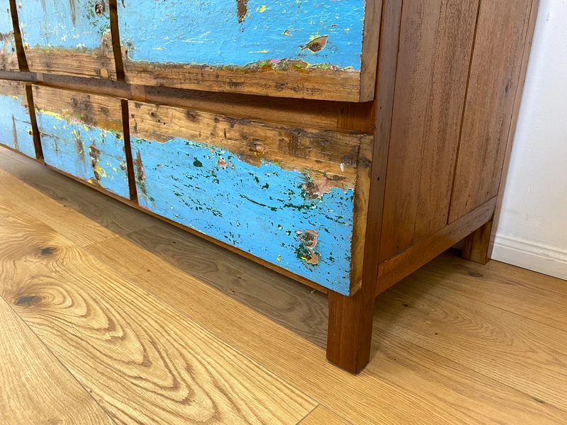 Boatwood by WMK # Meeresblaues Sideboard mit Schubladen, ein aus altem Bootsholz handgefertigtes Unikat aus massivem Teakholz