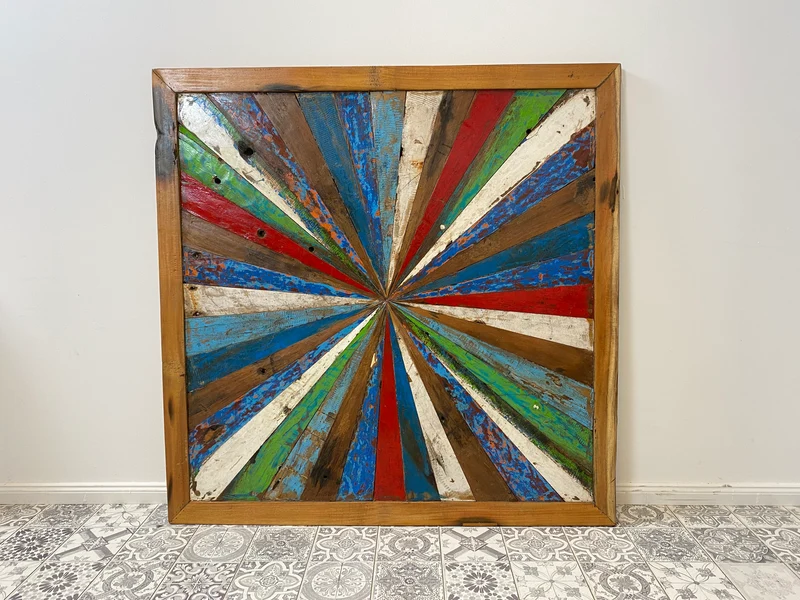 Boatwood by WMK # Großes buntes Wandbild aus altem Bootsholz, ein handgefertigtes Unikat aus massivem Teakholz in Originalfarben der Boote