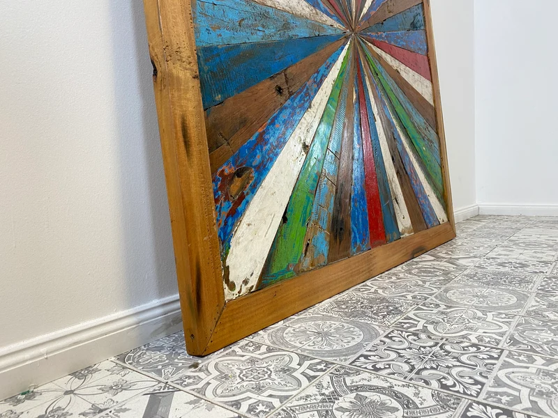 Boatwood by WMK # Großes buntes Wandbild aus altem Bootsholz, ein handgefertigtes Unikat aus massivem Teakholz in Originalfarben der Boote
