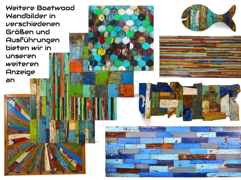 Boatwood by WMK # Großes buntes Wandbild aus altem Bootsholz, ein handgefertigtes Unikat aus massivem Teakholz in Originalfarben der Boote