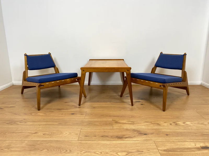WMK # Rarer Designer Couchtisch aus dem "Hunting Chair Set" von PGH Erzgebirgisches Kunsthandwerk Annaberg Buchholz in gutem Originalzustand