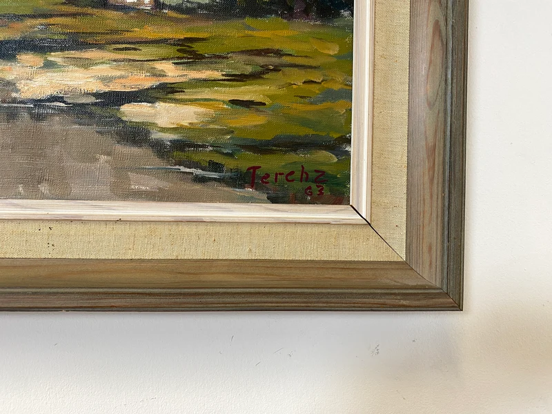 WMK Stimmungsvolles & gut erhaltenes Öl auf Leinwand Gemälde 62x45cm aus 1963 mit originalem Holzrahmen, signiert jedoch nicht zuzuordnen