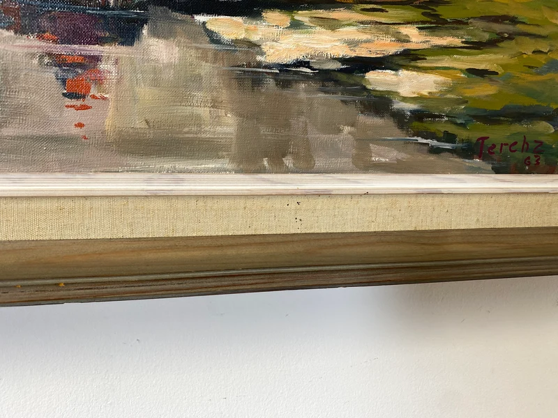 WMK Stimmungsvolles & gut erhaltenes Öl auf Leinwand Gemälde 62x45cm aus 1963 mit originalem Holzrahmen, signiert jedoch nicht zuzuordnen