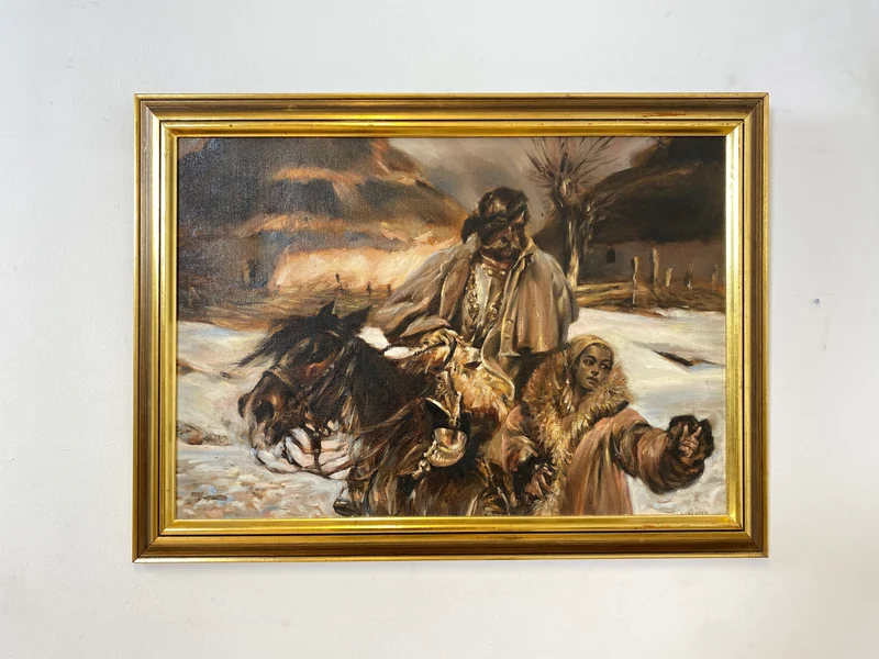 WMK Gut gemalte 83x62 Öl auf Leinwand Replika des berühmten "Verwundeter Kürassier mit einem Mädchen" von Wojciech Adalbert Kossak aus 1970, goldener Holzrahmen
