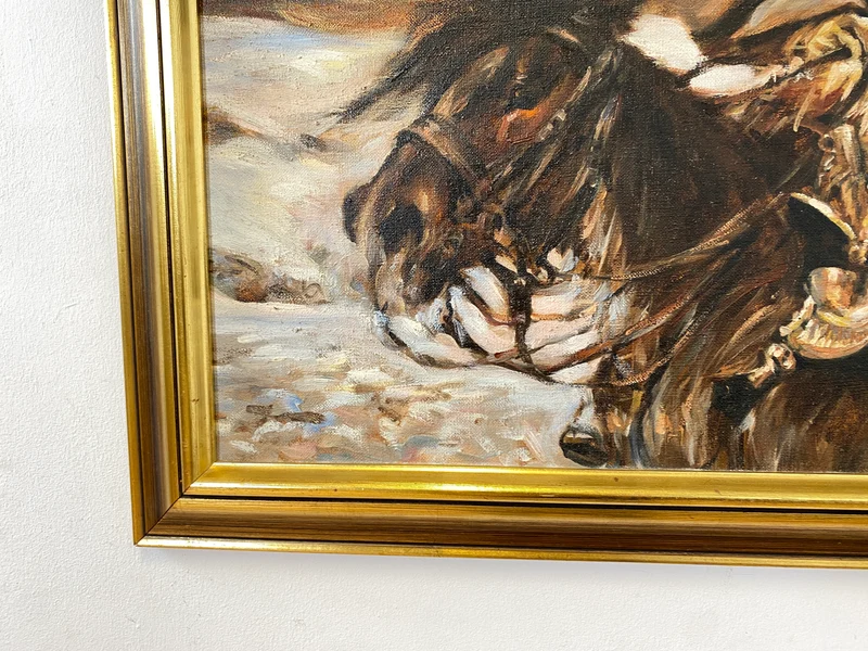 WMK Gut gemalte 83x62 Öl auf Leinwand Replika des berühmten "Verwundeter Kürassier mit einem Mädchen" von Wojciech Adalbert Kossak aus 1970, goldener Holzrahmen
