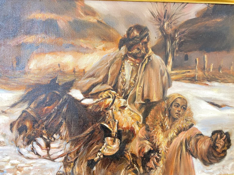 WMK Gut gemalte 83x62 Öl auf Leinwand Replika des berühmten "Verwundeter Kürassier mit einem Mädchen" von Wojciech Adalbert Kossak aus 1970, goldener Holzrahmen