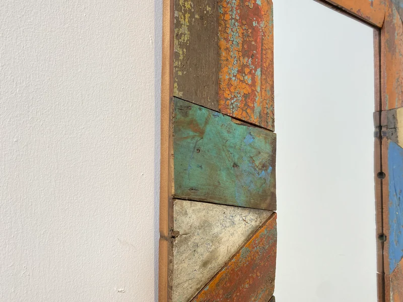 Boatwood by WMK # Besonderer 60x60 Wandspiegel aus altem Bootsholz, ein handgefertigtes Unikat in Originalfarben der Boote