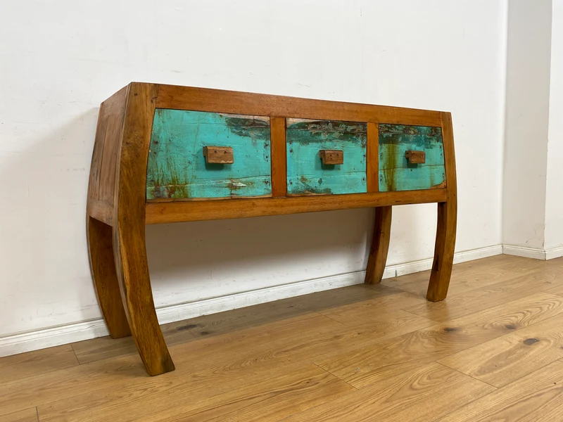 Boatwood by WMK # Formschönes Sideboard mit drei Schubladen, ein aus altem Bootsholz handgefertigtes Unikat aus massivem Teakholz