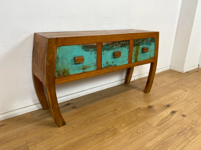 Boatwood by WMK # Formschönes Sideboard mit drei Schubladen, ein aus altem Bootsholz handgefertigtes Unikat aus massivem Teakholz
