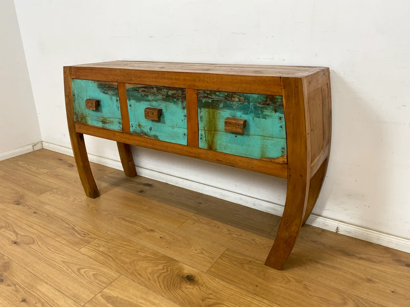 Boatwood by WMK # Formschönes Sideboard mit drei Schubladen, ein aus altem Bootsholz handgefertigtes Unikat aus massivem Teakholz