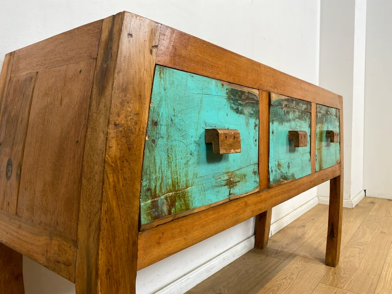 Boatwood by WMK # Formschönes Sideboard mit drei Schubladen, ein aus altem Bootsholz handgefertigtes Unikat aus massivem Teakholz