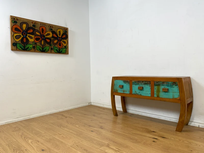 Boatwood by WMK # Formschönes Sideboard mit drei Schubladen, ein aus altem Bootsholz handgefertigtes Unikat aus massivem Teakholz